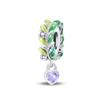 Detailed view of silver charm with green enamel leaves and purple heart crystal pendant - Peace Bead (PAC1339)