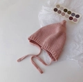 Pink knit baby winter hat with pom-poms, warm earflaps and chin straps in ins style - Cap circumference 40-48cm, suitable for 3-18 months / Nipple Pink