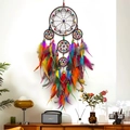 Handmade bohemian multi-ring dream catcher with vibrant colorful feathers and wood beads - Colorful