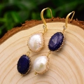 Handgemaakte gouden tak oorbellen met barokke parels en blauwe lapis lazuli - Lapis Lazuli Parel Blauw
