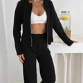 Women's black knit two-piece set with a zip-up hoodie and wide-leg trousers - S / Black (Q1073)