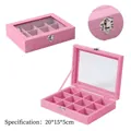 Pink velvet jewelry box with 12 slots, clear glass lid, and 20x15x5cm dimensions - 12 Grids / Pink