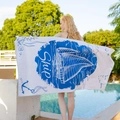 Navy blue sailboat double-sided velvet beach towel with nautical ship motifs and anchors - Pirate Ship