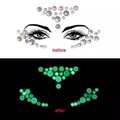Luminous face gem stickers for festivals showing iridescent and green glow-in-the-dark effects - YG-03