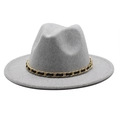 Classic dark grey wool fedora hat with elegant gold chain and black leather band decoration - M (56-58cm) / Light Heather Grey