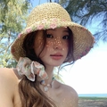 Detail of handmade straw hat with pink crochet flowers on a sunny beach background - L (58-60cm) / Pink Flower Decor Beige