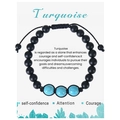 Detail of 8mm matte black beads and three turquoise stones on adjustable braided cord - Turquoise Bracelet