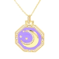 Gold star and moon octagonal pendant necklace with purple enamel and white zircon stones - Purple