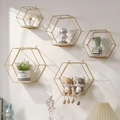 Nordic gold hexagonal wall shelves with wood base for home decoration and storage - Hexagon 5-piece Set / Gold