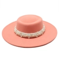 Elegant peach pink flat top wide brim boater hat with pearl embellishments - M (56-58cm) / Dusky Pink