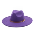 Detail shot of purple wool fedora with brown leather band and gold D-ring buckle - M (56-58cm) / Purple