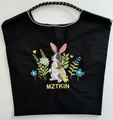 Black nylon tote bag with colorful rabbit and flower embroidery and MZTKIN text - Black Rabbit Flower