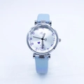 Montre à quartz pour femme avec bracelet en cuir pailleté et cadran à strass élégant - Bleu ciel