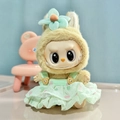 Labubu plush doll wearing a mint green floral headband and matching bear button dress - Pendant-shaped Wrinkled Green Dress / First And Second Generation Keychains Are Compatible With La Cloth Dolls. Dolls Not Included.