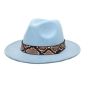 Chapeau fedora bleu clair en laine avec ruban en peau de serpent et rivet doré chic - M (56-58cm) / Bleu ciel