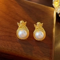 Vintage gold plated angel pearl stud earrings featuring detailed embossed wings - Gold Vintage Angel Pearl Style (29#)