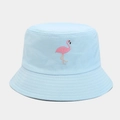 Close-up of pink flamingo embroidery on light blue cotton twill bucket hat - M (56-58cm) / Light Blue