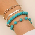 Set di bracciali multistrato con catena argentata e perline turchesi da donna - Set da 4 Pezzi (05) / Argento Antico - Catena a Serpente Piatta