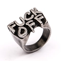 Macro detail of vintage silver steel ring with bold FUCK OFF engraved letter cutout - US 6 / Antique Silver