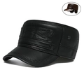 Men's premium leather flat cap in black with metal rivets and warm fleece lining - 6-Stud Flat Top Military Cap Black