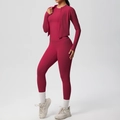Detailed view of dark magenta three-piece yoga set showing seams and stretchy fabric texture - S / Top And Bottom / Carmine