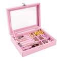 Pink velvet jewelry box with transparent flip lid and multiple storage slots - Pink