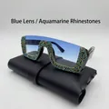 Semi-rimless oversized sunglasses with blue gradient lenses and blue crystal embellishments - Blue Lens Aqua Blue Rhinestone