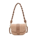 Beige Plüsch-Handtasche aus Teddyvlies mit geflochtenem Griff und Schultergurt - Khaki