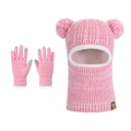 Pink and white knit winter set for kids with fuzzy pom-poms and warm lining - Two-tone Watermelon Red