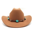 Detailed view of brown felt cowboy hat with braided band and turquoise stone accents - M (56-58cm) / Khaki