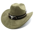 Cappello da cowboy in camoscio verde oliva con fascia borchiata e stemma di toro in argento - Verde Militare / M (56-58cm)