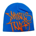 Detalle del gorro de punto azul con letras jacquard STREETS RARE naranjas estilo grafiti - Azul y Naranja