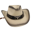 Detail of western straw hat with faux leather band and metallic bull head ornament - Beige Black (Black Bull)