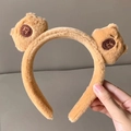 Braunes Plüsch-Stirnband mit Bärenohren zum Waschen des Gesichts aus weichem Webpelz - Kaffeebraunes Doppelkopf-Bären-Stirnband
