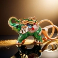 Green enamel elephant keychain with sparkling crystals and colorful gemstones in gold finish - Single OPP Bag Packaging / Lucky Elephant Green