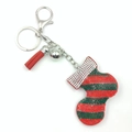 Sparkling Christmas stocking keychain with red green rhinestones and a red tassel - Red and White Enamel Christmas Sock