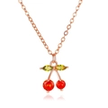 Exquisite rose gold cherry pendant necklace with red and green sparkling crystals - Rose Gold Cherry Pendant Necklace (8113)