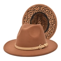 Detailed view of brown wool fedora hat featuring leopard print lining and beige leather band - M(56-58cm) / Khaki