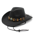 Cappello da cowboy in feltro nero con fascia di perline vintage e sottogola regolabile - M (56-58cm) / Nero