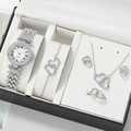 Elegant 5-piece silver watch set with interlocking heart bracelets and crystal accents - Silver (5pcs Set)