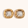 Golden square stud earrings with sunburst texture and cushion-cut clear crystal centers - Stud Earrings / Gold-White Zircon