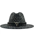 Gray leopard print wide brim cowboy hat with woven band and silver bull head accent - M (56-58cm) / Metal Bull Skull Ethnic Woven Band Style / Gray