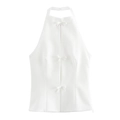 White halter top for women featuring three decorative bows in a minimalist aesthetic - S / White