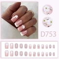 French blush press-on nails with 3D floral accents and shimmering glitter finish - 3D White Flower Pearl French Pink Style (D753 Glue Style)