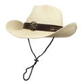 Beige woven straw cowboy hat with vintage leather band and adjustable chin strap - M (56-58cm) / Beige