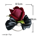Dunkelrote Rosen-Ansteckblume mit schwarzer Satinschleife und Strass für Hochzeiten - Weinrote Samtrosen-Handgelenk-Corsage
