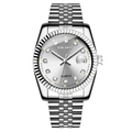Close-up of silver quartz watch with diamond-cut bezel, date display and five-link strap - Silver Large