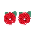 Elegante handgemachte rote Stoffblumen-Ohrstecker mit grünen Filzblättern und Perlenmitte - Perlenblumen Ohrringe