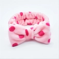 Soft pink polka dot flannel headband with a large bow for washing face and spa care - Rose Red Polka Dot