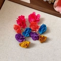 Detailed close-up of multi-layer colorful floral fabric drop earrings on beige texture - 15# Silver Earring Post - Pink Blue Purple Fabric Flower String